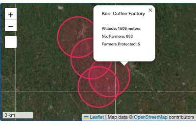 Zoomed satellite map of coffee mills and farms, with circles showing a three kilometre radius where farmers receive aligned weather information